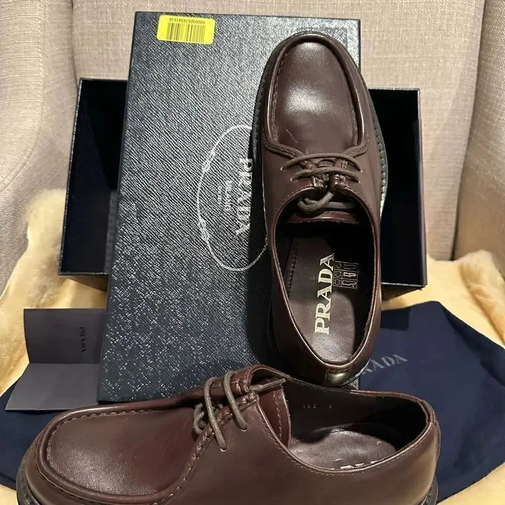 Prada Men’s brushed leather lace-up men’s shoes loafers Sz US 7,5/EU 40.5-41 NIB